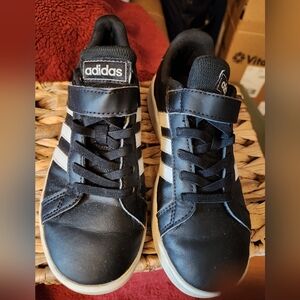 Adidas Kids Black Sneakers with 3 White Stripes